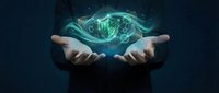 Businessman hands holding glowing digital brain with neural network connections representing artificial intelligence and machine learning technology.