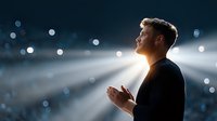 Young Caucasian man praying with hands clasped looking up at divine light beam from heaven with bokeh lights background for spiritual worship concepts.