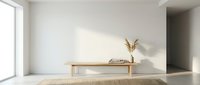 Minimalist modern interior with wooden bench and dried pampas grass in ceramic vase. Clean white walls with natural sunlight creating soft shadows.