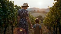 Woman in floral dress and straw hat walks hand in hand with young child through sun-drenched vineyard rows at golden hour sunset.