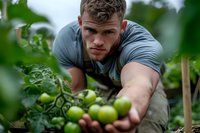 Young Caucasian male farmer in gray t-shirt examining fresh green tomatoes growing in organic garden, focused expression while checking crop quality.