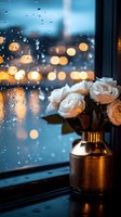 White roses in gold vase by rainy window with bokeh lights creating cozy atmospheric mood, romantic evening ambiance with water drops on glass and city lights.
