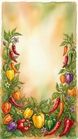 Watercolor illustration of colorful peppers and foliage framing a cream center space, featuring red chili peppers, bell peppers in yellow, orange, purple and green tones with botanical leaves and flowers on aged paper background for recipe cards, menus, cooking blogs.