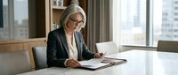 Mature woman with blonde hair and glasses wearing black blazer and white shirt, sitting at white desk in modern office with city skyline view, reviewing documents on tablet for business, corporate work, or professional consultation.