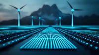 Futuristic solar panels and wind turbines glowing with neon blue light against mountain silhouette at dusk, renewable energy concept for sustainable future.
