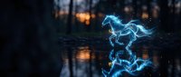 Glowing blue energy horse galloping above water surface with reflection at twilight. Digital art concept for fantasy gaming and mystical storytelling projects.