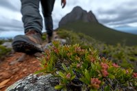 Hiker boots and alpine wildflowers on rocky mountain trail with dramatic peak and stormy clouds, low angle perspective capturing outdoor adventure spirit.