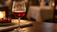 Glass of red wine on wooden table with warm fireplace glow in cozy restaurant setting creating romantic dining atmosphere for evening celebration.