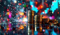Golden coins stacked in towers with colorful bokeh lights and digital data visualization background representing financial growth and investment success.