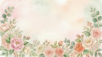 Floral border arrangement with pink, peach, and cream roses, eucalyptus leaves, and botanical elements on soft watercolor background. Suitable for wedding invitations, greeting cards, and design projects.