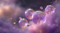 Magical soap bubbles floating in purple dreamy atmosphere with glowing particles and bokeh lights creating ethereal fantasy background for creative designs.