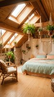 Cozy attic bedroom with wooden beams, skylights, hanging plants and bohemian decor creating warm natural light atmosphere for interior design inspiration.