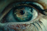 Extreme macro photography of human eye with digital matrix reflection in iris showing technology integration and artificial intelligence concept.