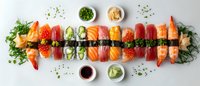 Colorful sushi nigiri set with salmon, tuna, shrimp arranged in row on white background, served with soy sauce, wasabi and ginger. Fresh Japanese cuisine.