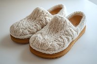Cozy beige knitted slippers with cable pattern and brown rubber soles on white background, comfortable indoor footwear for home relaxation and warmth.