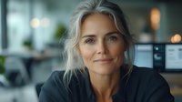 Professional blonde businesswoman smiling confidently in modern office environment with soft lighting and blurred background for corporate presentations.