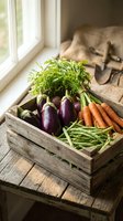 Fresh organic vegetables in rustic wooden crate including eggplants, carrots, green beans and herbs on farmhouse table by window for healthy cooking and farm-to-table meals.