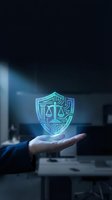 Businessman hand holding glowing digital shield with scales of justice symbol representing legal protection and cybersecurity in modern office environment.