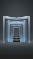 Modern office interior with nested glass partitions and neon blue lighting, featuring two chairs in center space. Suitable for corporate, tech, and architectural visualization projects.