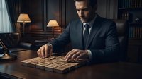 Focused businessman in dark suit playing strategic board game in elegant library office with warm lighting and classic wooden furniture.