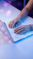 Female hands typing on laptop with digital network connections and glowing bokeh lights in modern tech workspace for business and communication concepts.