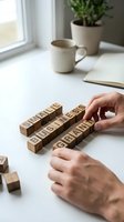 Hands arranging wooden letter blocks spelling small business change on white desk with coffee mug and plant in bright office workspace for entrepreneurship.