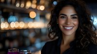 Young Hispanic woman with curly dark hair and bright smile in evening setting with blurred bokeh lights background, wearing black blazer, radiating confidence and joy.