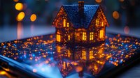 Glowing miniature house with warm light streaming through windows on reflective surface surrounded by magical bokeh lights in dreamy blue and orange tones.