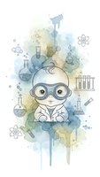 Cute baby scientist character with laboratory equipment in watercolor style. Chemistry education concept with test tubes, beakers and molecular symbols.