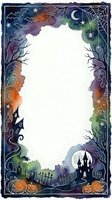Watercolor Halloween border frame with haunted castle, pumpkins, bats, ghosts, and spiderwebs, white center space for text or photo.