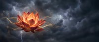 Glowing orange lotus flower floating in dramatic stormy sky with dark clouds and mystical atmosphere for spiritual and meditation designs.