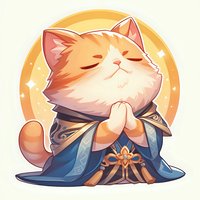 Adorable ginger cat character in traditional Asian robe meditating with closed eyes and peaceful expression against glowing circular background. Suitable for gaming assets.