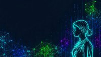Futuristic woman silhouette with glowing network connections and data streams on dark background for technology and artificial intelligence concepts.