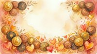 Watercolor autumn frame with golden coins and warm hearts creating romantic border for seasonal greeting cards and wedding invitations.