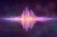 Glowing sound wave visualization in purple and orange colors reflected on water surface with stars and magical atmosphere for music background.