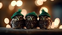Three adorable owlets wearing green knit winter hats sitting together against warm bokeh lights background for holiday greeting cards and seasonal designs.