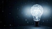 Glowing light bulb with digital network connections and particles on dark background representing innovation, creativity, and bright ideas for business concepts.