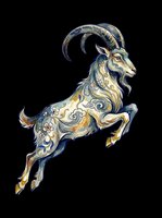 Ornate goat with curved horns and decorative gold swirls, isolated on transparent background. Ready for t-shirt design, clipart, stickers, and print-on-demand products.
