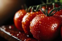 Fresh ripe red tomatoes with water droplets on vine in warm sunlight for healthy cooking and organic farming concepts.