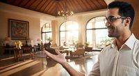 Male real estate agent with dark hair and glasses presenting luxury home interior with warm lighting and elegant furnishings for property marketing and sales purposes.