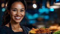 Happy young African American woman chef smiling in professional kitchen with delicious pasta dish, culinary expertise and restaurant cooking concept.