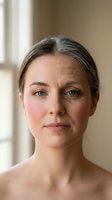 Middle-aged Caucasian woman with gray hair and natural aging signs looking directly at camera in soft indoor lighting for skincare and wellness concepts.