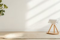 Minimalist interior with natural sunlight casting diagonal shadows on white wall, beige carpet, wooden chair and green plant leaves in corner.
