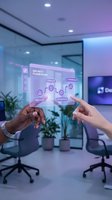 Two diverse professionals interact with holographic growth framework interface displaying strategy, sustainability, innovation, and optimization in modern office environment.