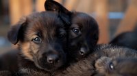 Two adorable German Shepherd puppies with dark fur and expressive eyes cuddling together in warm, natural lighting.
