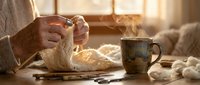 Elderly woman hands knitting with yarn and needles beside ceramic mug in warm sunlit room. Cozy domestic scene perfect for crafting and hobby content.