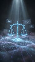 Digital justice scales hologram with data analytics charts and light beams representing legal technology, artificial intelligence in law and digital transformation.