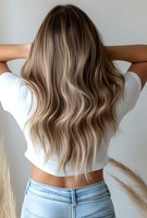 Back view of woman with long wavy blonde balayage hair wearing white crop top and jeans against light background, showing modern hair coloring technique.
