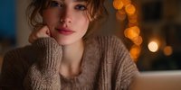 Young Caucasian woman in cozy knit sweater with thoughtful expression against warm bokeh lights background, creating intimate evening atmosphere.