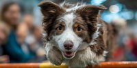 Happy Australian Shepherd dog with brown and white fur looking at camera with blurred crowd background at outdoor event or competition.